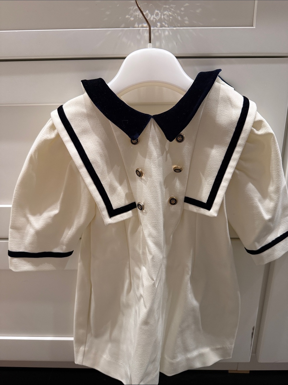 Claudine Cream Sailor-Collar Kids Blouse with Navy Trim